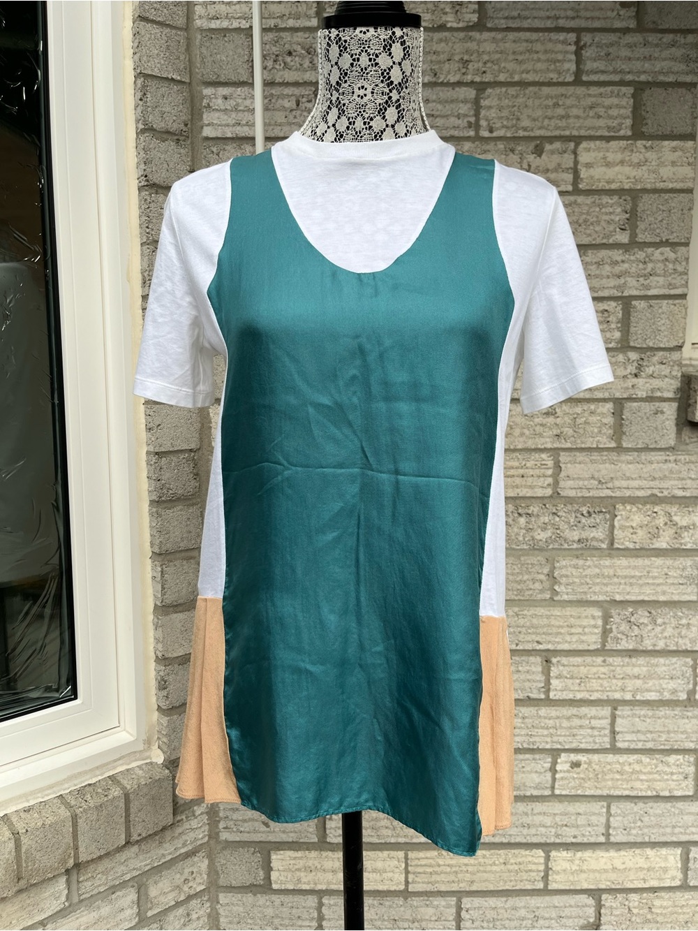 Prada White Cotton & Silk Green/Tan Pleated Contrast Panel Tee